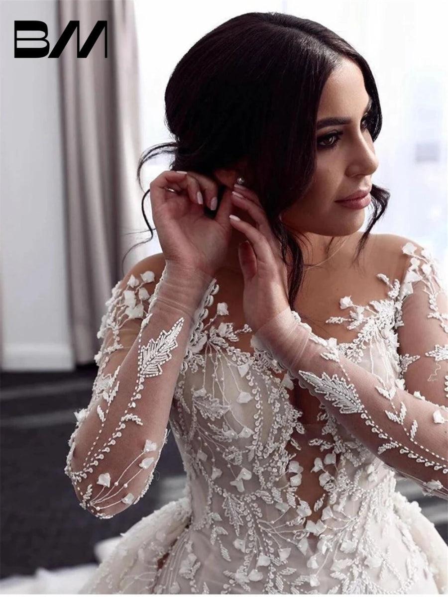 arabic long sleeve dresses Robes de Soire A-line Prom Dresses For Women 2022 Arabic Long Sleeves Formal Dress Flowers Beads Muslim Evening Gowns