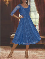 Vestido de dos piezas de corte A para madre de la novia, para invitada de boda formal, talla grande, elegante, escote redondo, largo hasta la rodilla, de gasa con encaje, mangas 3/4, cruzado incluido con pliegues