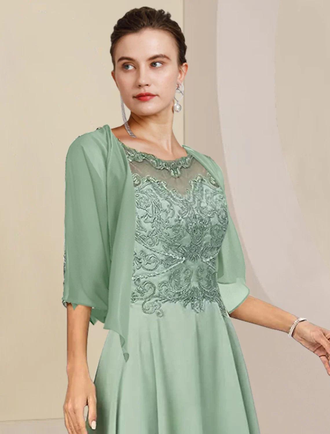 Two Piece A-Line Mother of the Bride Dress Formal Wedding Guest Elegant High Low Scoop Neck Asymmetrical Tea Length Chiffon Lace Half Sleeve Wrap Included with Beading Appliques