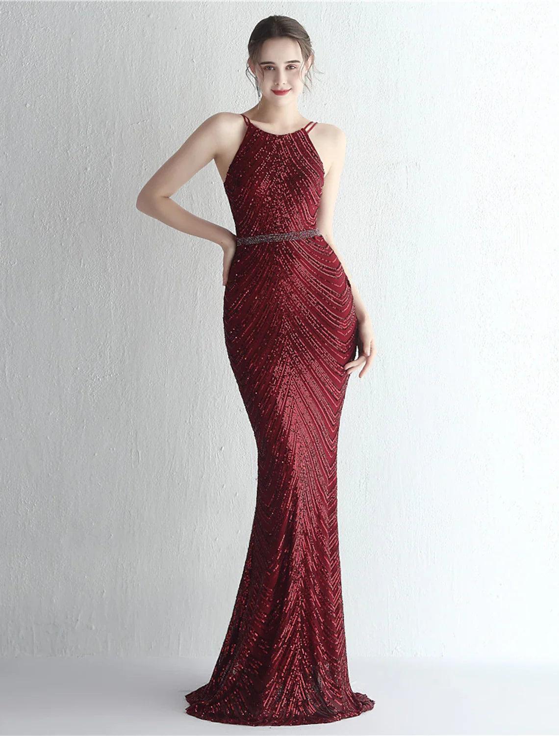 Vestidos de fiesta de sirena/trompeta con brillo y brillo, vestido formal para invitados de boda, largo hasta el suelo, sin mangas, cuello halter, gasa con cuentas y lentejuelas