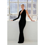 NumberSea - Asymmetrical Halter Long Sleeves Sheath Prom Evening Dress