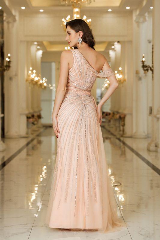 Asymmetrisches Ballkleid aus Tüll mit Perlenbesatz und Seitenschlitz, ärmellos, bodenlang, für besondere Anlässe