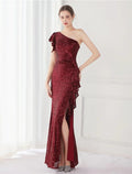 Mermaid / Trumpet Elegant Sexy Wedding Guest Formal Evening Dress One Shoulder V Back Sleeveless Floor Length Sequined with Sequin Slit