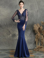 Vestidos de fiesta de sirena/trompeta, elegantes, formales, para invitados de boda, con cola larga y escote en V, de mezcla de algodón con apliques de cuentas.