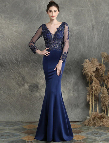 Meerjungfrau/Trompete Ballkleider Elegantes Kleid Formeller Hochzeitsgast Sweep/Pinselzug Langarm V-Ausschnitt Baumwollmischung mit Perlenapplikationen