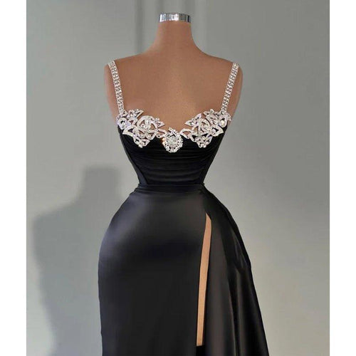 NumberSea - Attractive Beaded Spaghetti Straps Long Prom Dress with Slit Evening Gowns