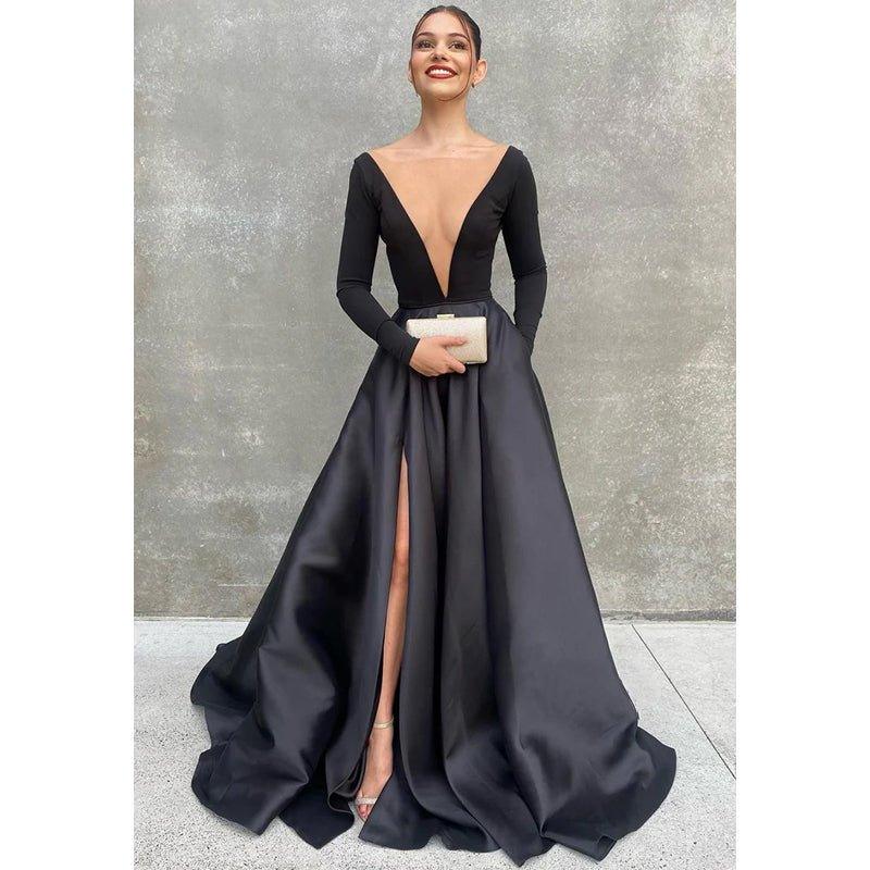 NumberSea - Attractive Deep V - neck Long Sleeves Black Prom Dress with Pockets