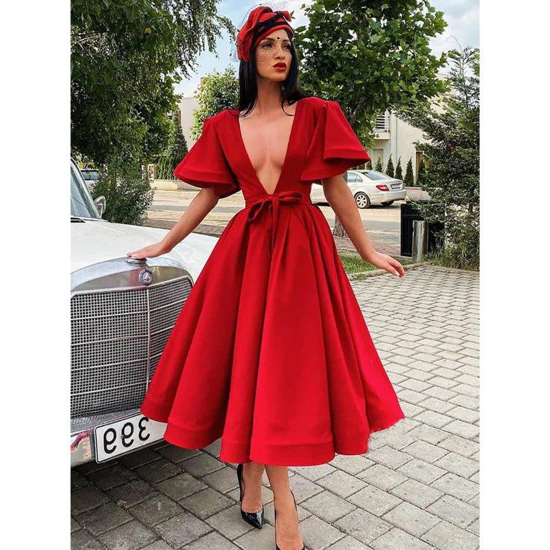 NumberSea - Attractive Deep V - neck Red Vintage Formal Dress with Sleeves