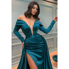 NumberSea - Attractive Deep V Neck Satin Pleats Long Sleeves Mermaid Prom Formal Dress with Slit