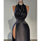 NumberSea - Attractive High Neck Beads Pleats Long Prom Dress with Slit Evening Gowns