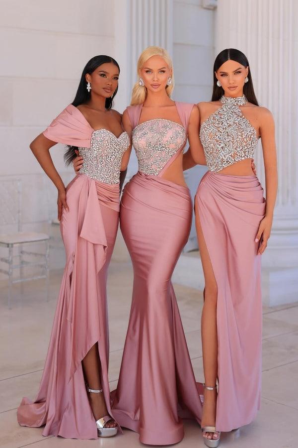 Attraktives langes rosa Meerjungfrau-Abendkleid mit schulterfreier Spitze und Perlenbesatz und Schlitz