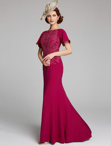 Meerjungfrau/Trompete Kleid für die Brautmutter, U-Boot-Ausschnitt, bodenlang, Chiffon, Spitze, kurze Ärmel, mit Spitze, Schlitz vorne