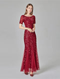 Mermaid / Trumpet Evening Gown Empire Dress Prom Formal Evening Floor Length Short Sleeve Jewel Neck Fall Wedding Guest Tulle with Embroidery