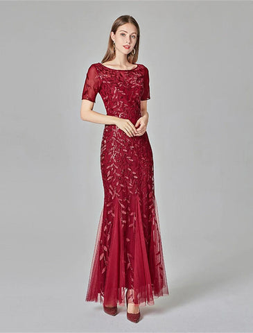 Meerjungfrau/Trompete Abendkleid Empire-Kleid Abschlussball Formeller Abend Bodenlang Kurzarm Rundhals Herbst Hochzeitsgast Tüll mit Stickerei