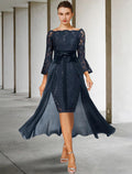 Vestido de novia elegante para invitada de boda formal, fiesta, hombros descubiertos, largo hasta la rodilla, de gasa, encaje, imitación seda, manga 3/4 con lazo(s)