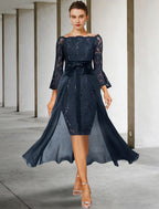 Vestido de novia elegante para invitada de boda formal, fiesta, hombros descubiertos, largo hasta la rodilla, de gasa, encaje, imitación seda, manga 3/4 con lazo(s)