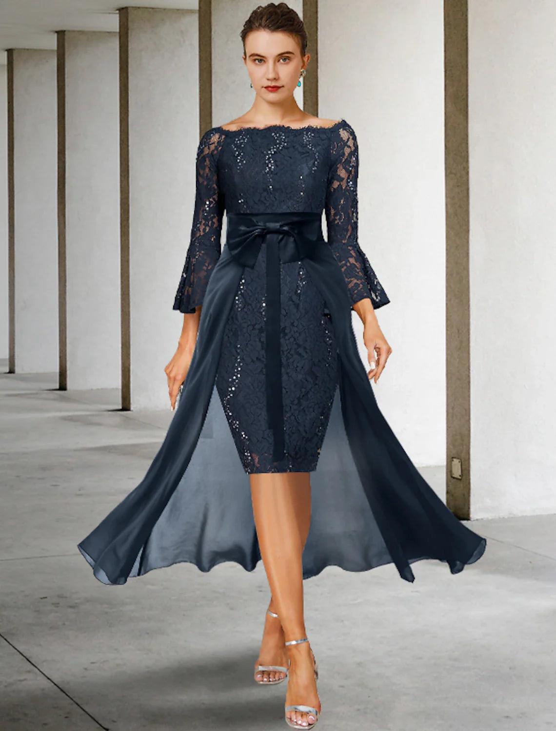 Vestido de novia elegante para invitada de boda formal, fiesta, hombros descubiertos, largo hasta la rodilla, de gasa, encaje, imitación seda, manga 3/4 con lazo(s)