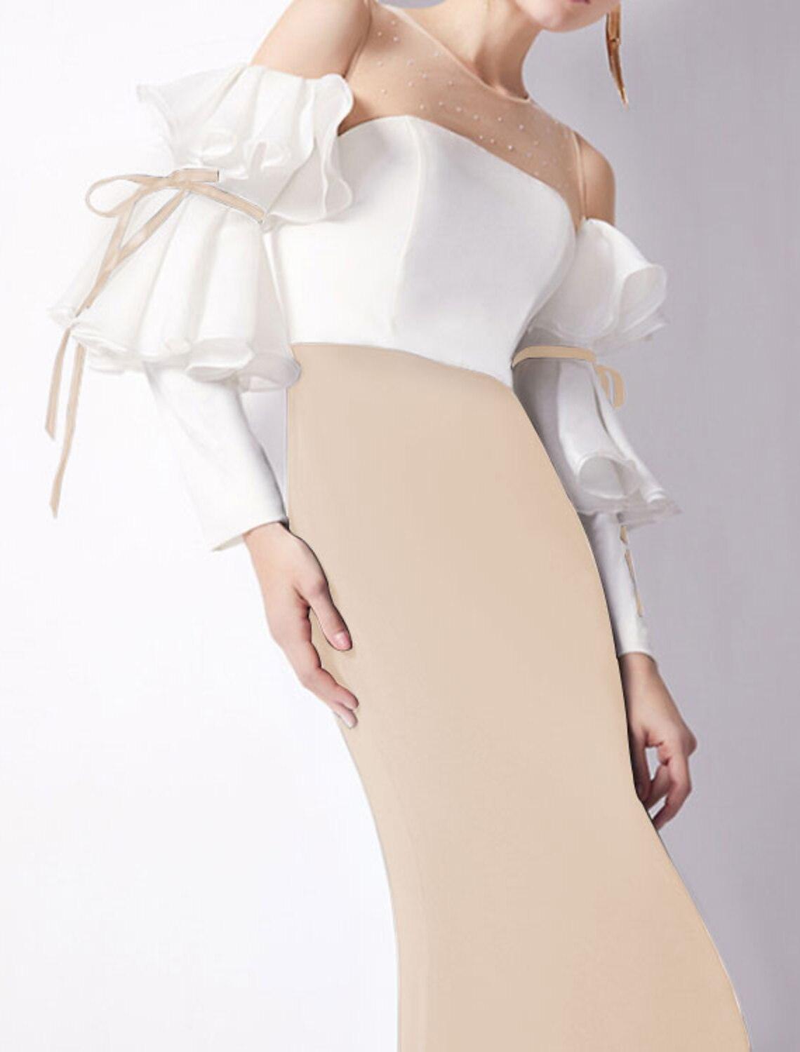Vestido de noche estilo sirena/trompeta, minimalista, para invitados de boda, de compromiso, largo hasta el suelo, mangas 3/4, cuello joya, tejido elástico con pliegues y volantes.