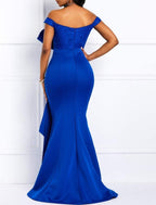 Meerjungfrau Partykleid Schöner Rücken Elegantes Verlobungs-Abendkleid Schulterfrei Kurzarm Sweep/Pinselschleppe Spitze mit Schärpe/Band Perlen