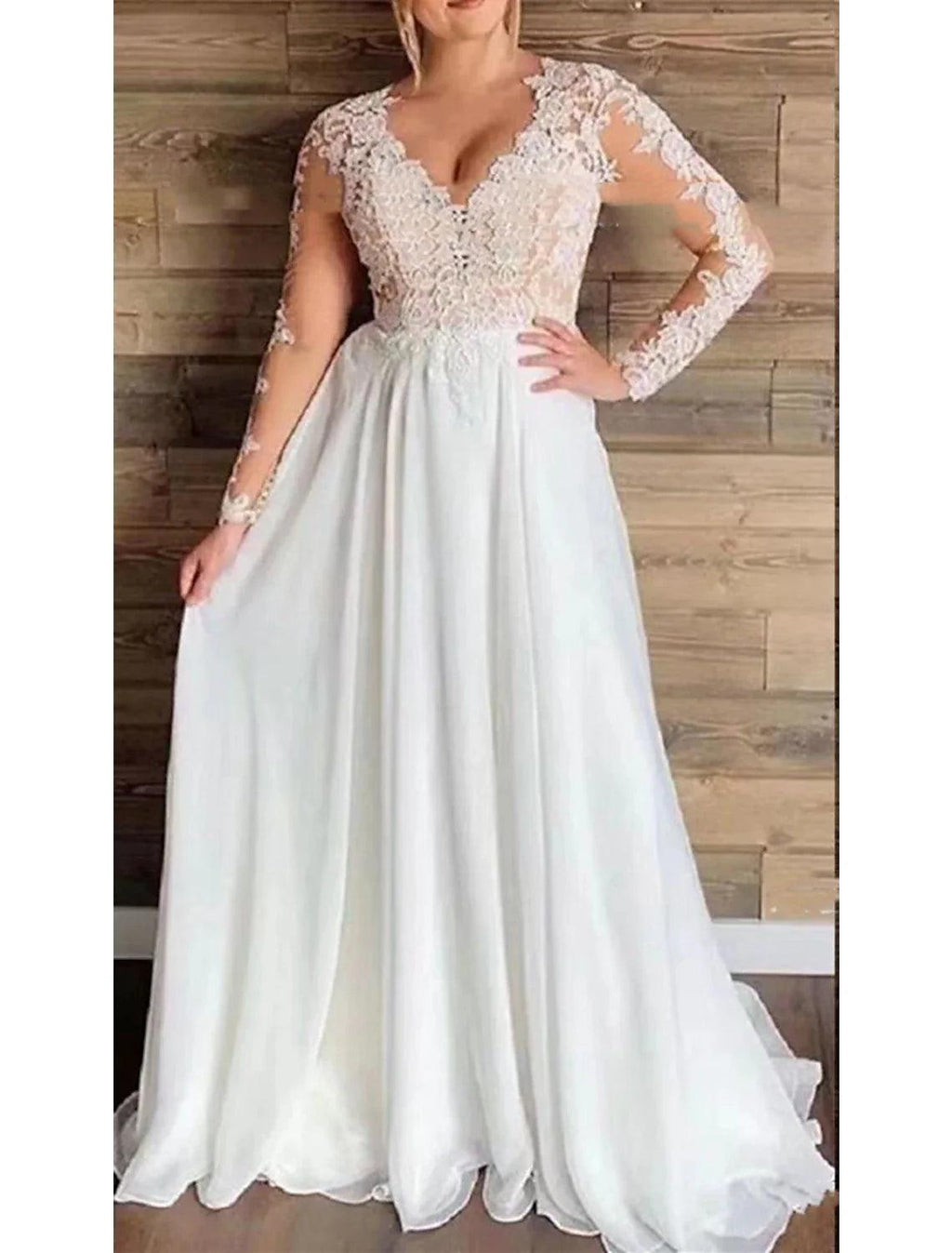 Reception Fall Wedding Dresses Plus Size Formal A-Line V Neck Long Sleeve Sweep / Brush Train Lace Bridal Gowns Party With Appliques