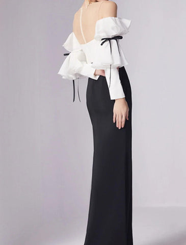 Meerjungfrau/Trompete Abendkleid Minimalistisches Kleid Hochzeitsgast Verlobung Bodenlang 3/4 Ärmel Rundhals Stretchstoff mit Falten Rüschen