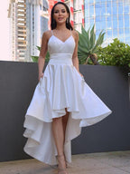 Vestidos de novia Corte A/Princesa Satén Fruncido Cuello en V Sin mangas Asimétrico