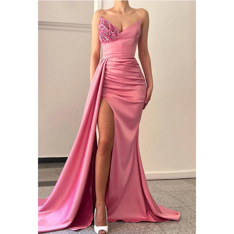 Vestido formal de noche con escote en forma de corazón, lentejuelas, abertura, sin mangas y corte tubo