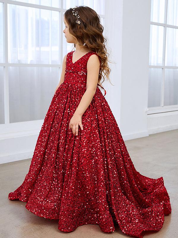 Deslumbrante vestido de princesa con lentejuelas rojas, escote en V y cola de corte para niñas 
