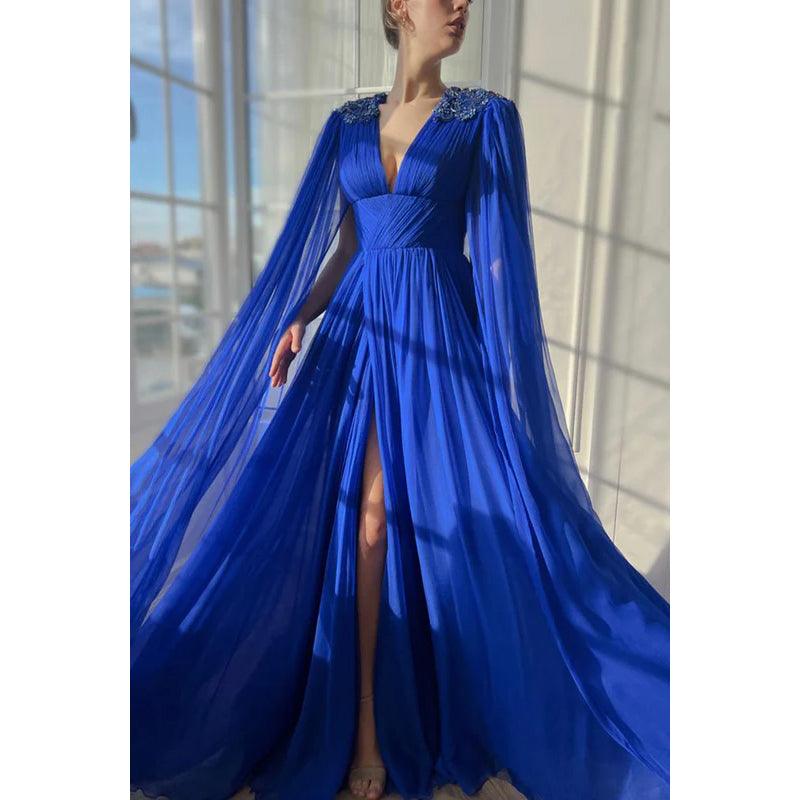 Elegantes und luxuriöses V-Ausschnitt A-Linien-Ballkleid mit gerafftem Seitenschlitz und bestickter