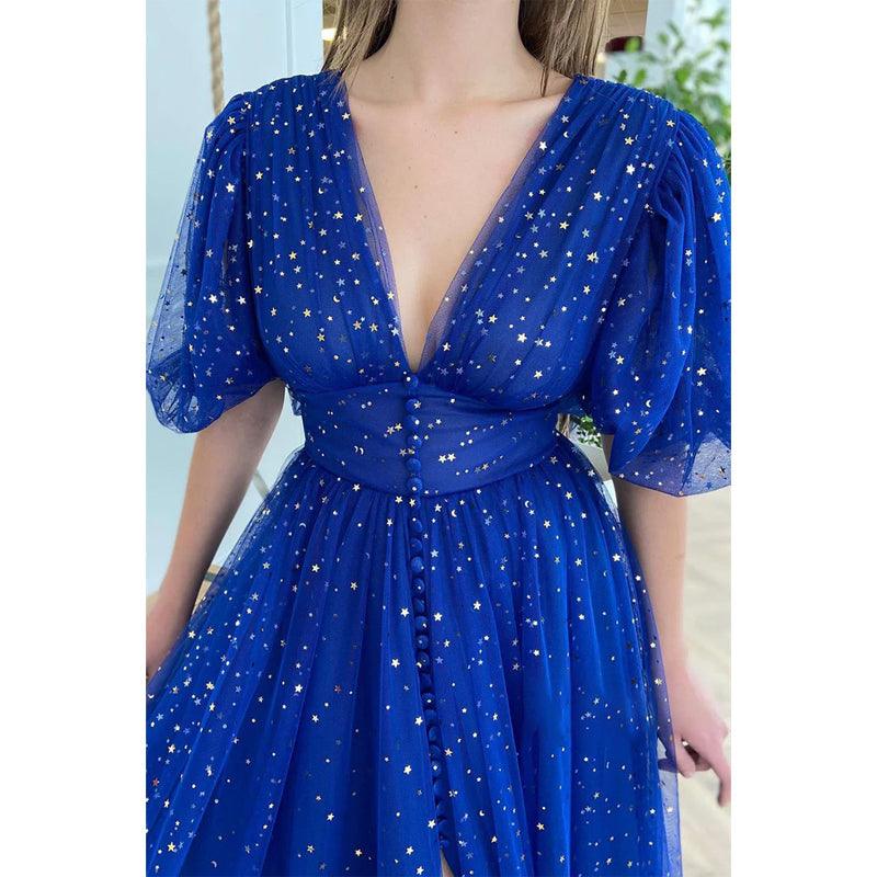 Vestido formal brillante con escote en V pronunciado, media manga y abertura 