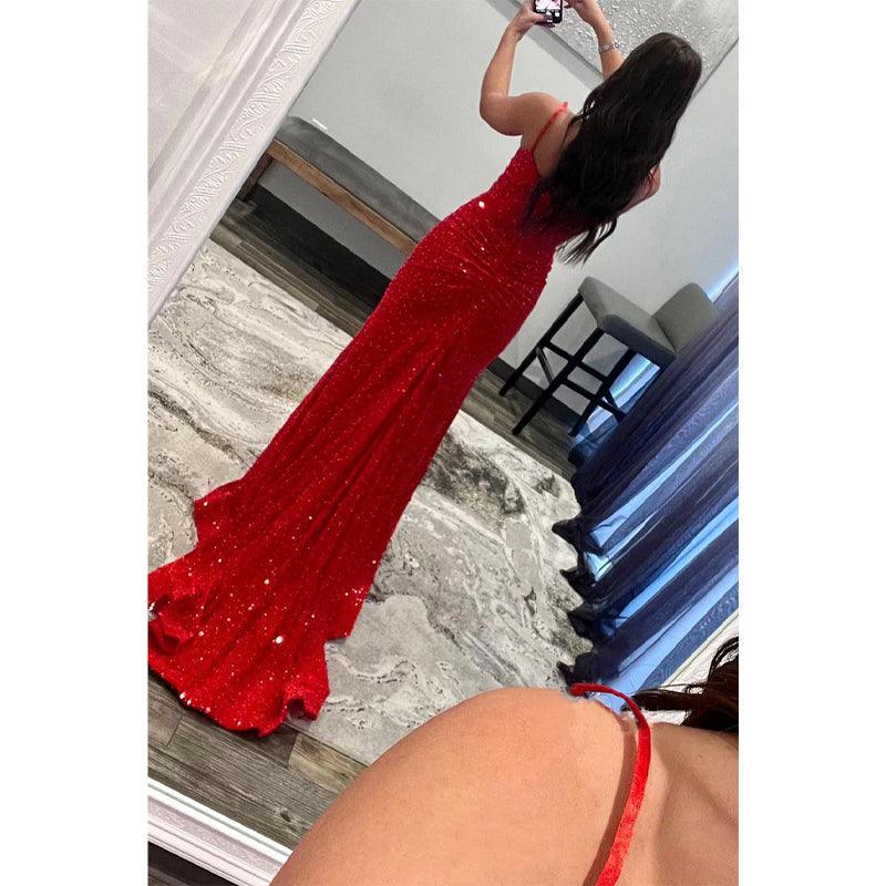Vestido de fiesta brillante con lentejuelas y escote en V pronunciado
