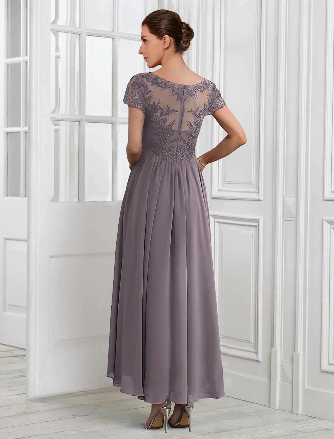 Vestido de madre de la novia, elegante, formal, para invitada de boda, escote en V, largo hasta la rodilla, de gasa, con encaje, manga corta, chaqueta y pliegues.
