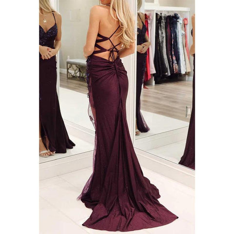V-neck Spaghetti Straps Appliques Beaded with Side Slit Party Prom Evening Dress