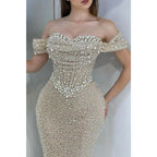 Vestido de noche largo con pliegues y cuentas y hombros descubiertos, brillante 