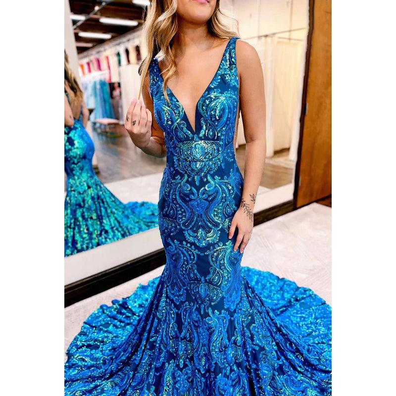 Vestido de fiesta de graduación con escote en V, lentejuelas y espalda descubierta, lujoso, con volantes y corte trompeta/sirena