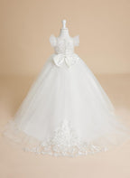 Vestido de princesa color marfil con apliques de encaje y cola de tul para niñas 