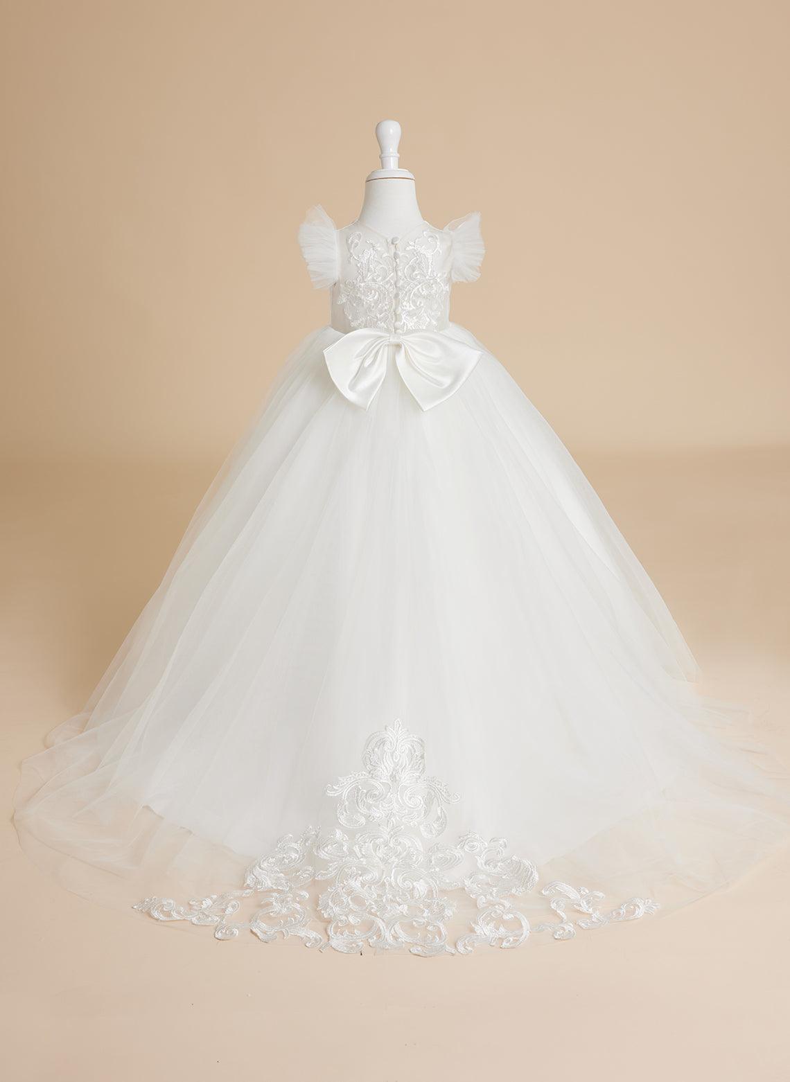 Vestido de princesa color marfil con apliques de encaje y cola de tul para niñas 