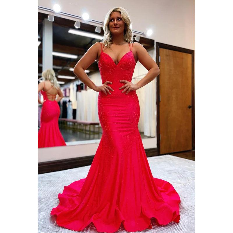 Vestido largo de sirena con escote en V y tirantes cruzados para fiesta de noche o graduación
