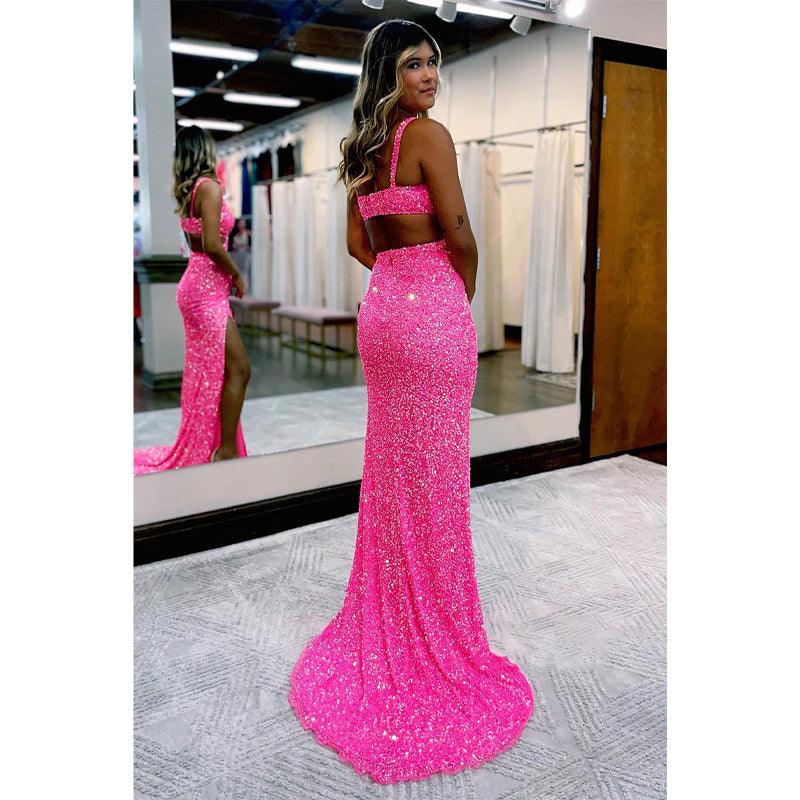 Vestido de fiesta con escote en V pronunciado, lentejuelas brillantes y abertura 