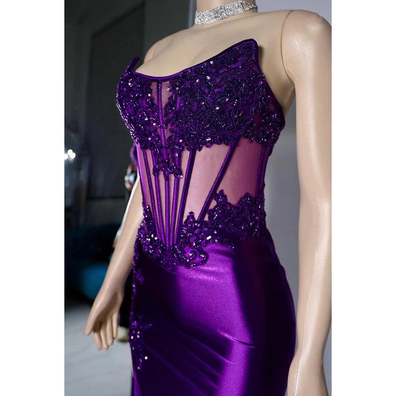 Elegante y lujoso vestido de noche de fiesta con escote redondo, sin mangas, abertura lateral y encaje