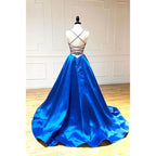 Vestido de fiesta sencillo de satén azul rey con escote en V y tirantes finos, corte A 