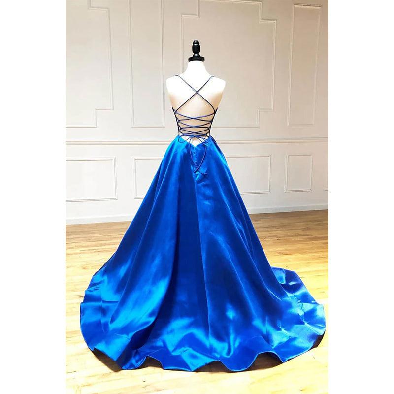 Vestido de fiesta sencillo de satén azul rey con escote en V y tirantes finos, corte A 