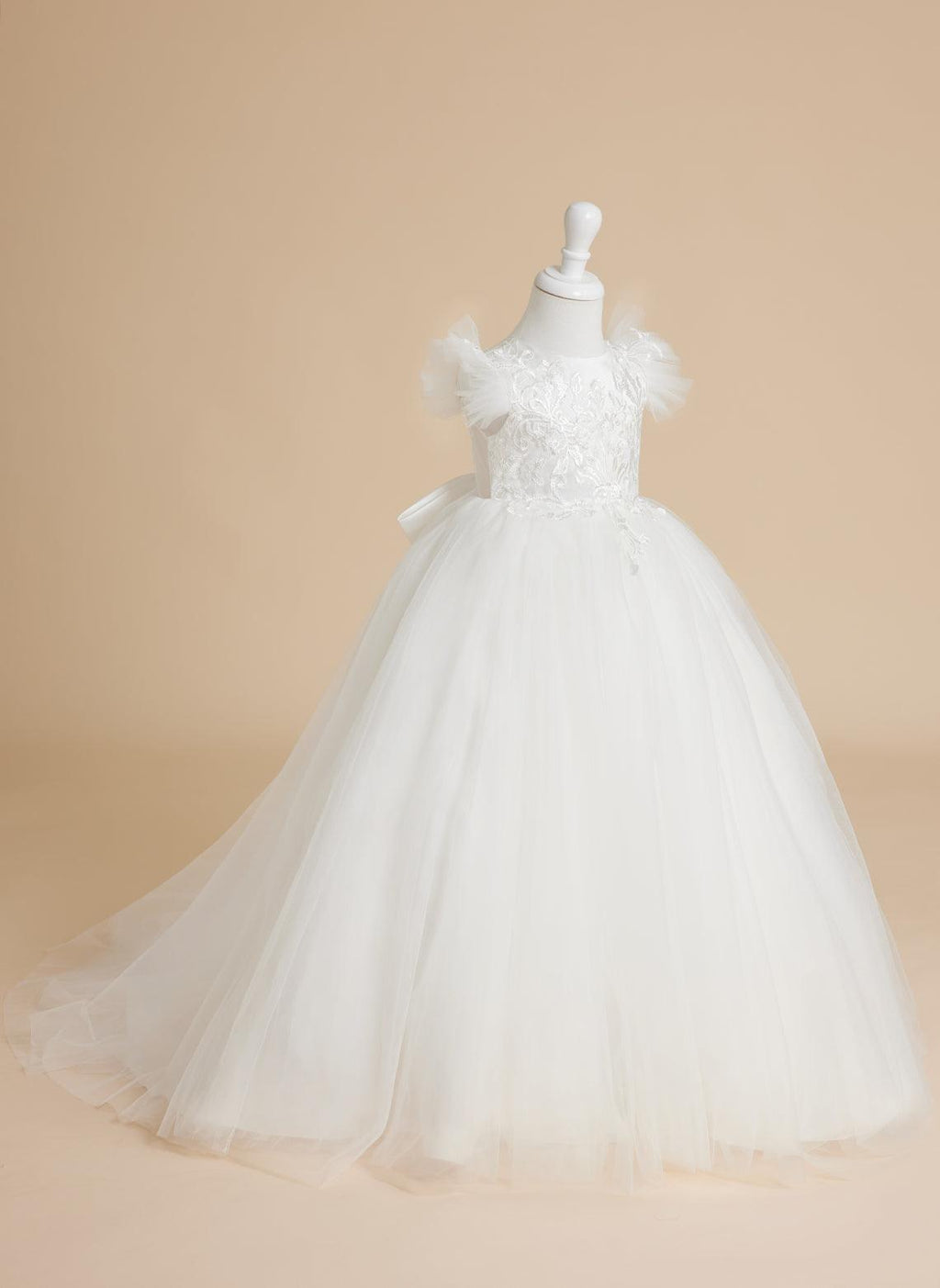 Vestido de princesa color marfil con apliques de encaje y cola de tul para niñas 