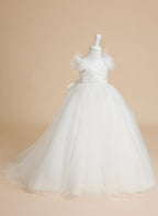 Vestido de princesa color marfil con apliques de encaje y cola de tul para niñas 