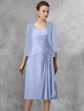 Zweiteiliges A-Linien-Kleid für die Mutter der Braut, Hochzeitsgast, eleganter quadratischer Ausschnitt, wadenlang, Chiffon, Spitze, halbe Ärmel, Wickeldesign inklusive Applikationen, seitlich drapiert