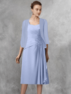 Zweiteiliges A-Linien-Kleid für die Mutter der Braut, Hochzeitsgast, eleganter quadratischer Ausschnitt, wadenlang, Chiffon, Spitze, halbe Ärmel, Wickeldesign inklusive Applikationen, seitlich drapiert