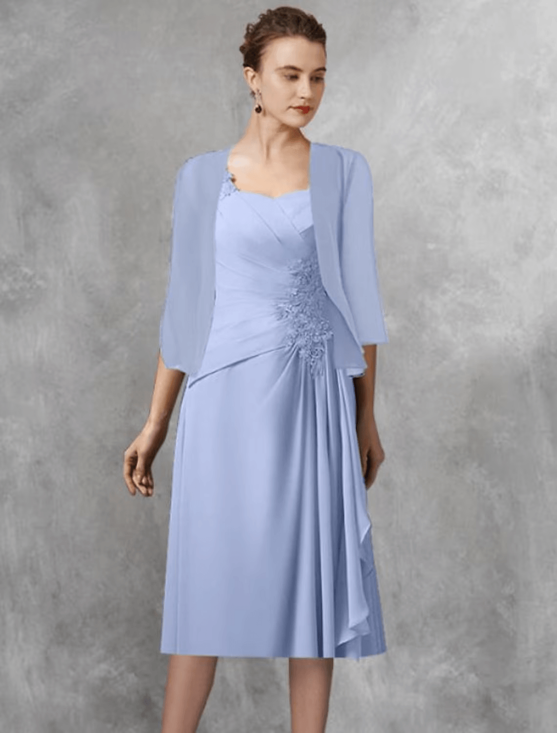 Zweiteiliges A-Linien-Kleid für die Mutter der Braut, Hochzeitsgast, eleganter quadratischer Ausschnitt, wadenlang, Chiffon, Spitze, halbe Ärmel, Wickeldesign inklusive Applikationen, seitlich drapiert