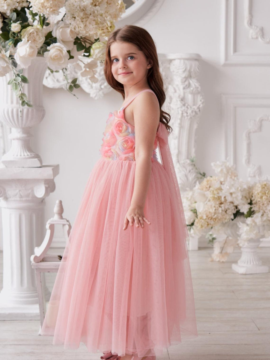 Enchanted Garden Girl Baby Toddler 3D Flower Embellishment Floral Applique Tulle Bow Dress