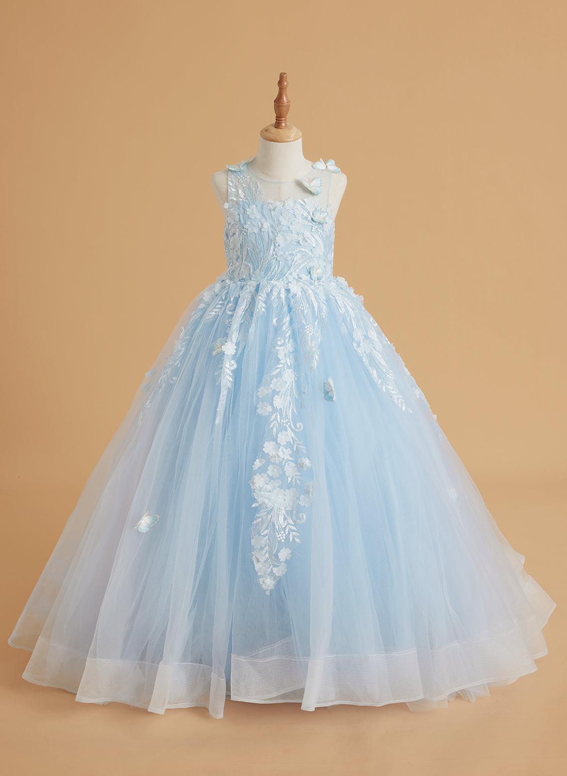 Vestido de princesa rosa para niña con apliques de encaje 