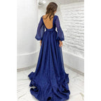 Vestido de fiesta brillante de corte A con mangas largas y escote en V pronunciado